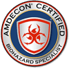 Emblem featuring the text "amdecon certified emergency restoration specialist" around a central design with three red biohazard symbols on a white background, enclosed in a green and gray border.