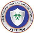 A circular badge displaying "emergency restoration environmental infection control specialist certified" features a white shield with a green biohazard symbol, accented by gold and blue rings with text.