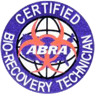 Round logo for a certified emergency restoration bio recovery technician by abra, featuring a biohazard symbol in red and orange, encircled by a blue and white border with text.