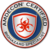 A badge featuring the text "Emergency Restoration certified biohazard specialist" with a central design of a red biohazard symbol on a white background, encircled by a green border.