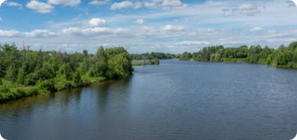 Panoramic view of a serene lake bordered by lush green trees under a partly cloudy sky, highlighting the area's emergency restoration efforts.