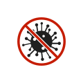 Graphic icon of a black virus symbol inside a red prohibition sign, indicating an emergency restoration and ban on viruses, on a dark green background.