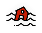 A simple, stylized red house with a pointed roof and door, centered inside a dark grey hexagon marked "Emergency Restoration" on a green background.