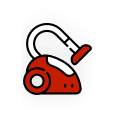 Icon of a red vacuum cleaner with a white hose and handle, set against a dark green background, representing emergency restoration equipment.