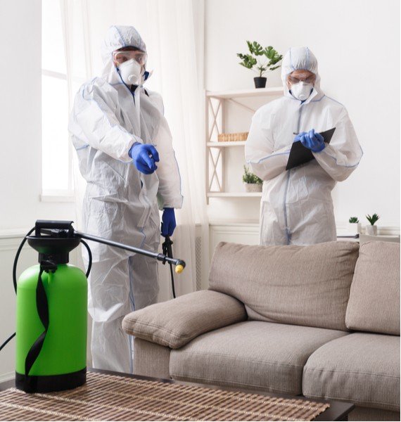 Two emergency restoration workers in protective suits and masks are treating a modern living room, one spraying a couch while the other takes notes.